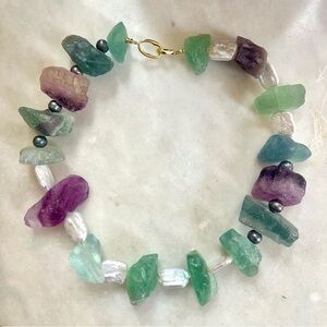 Freshwater Pearl, Fluorite, Amethyst Beaded Collar Necklace